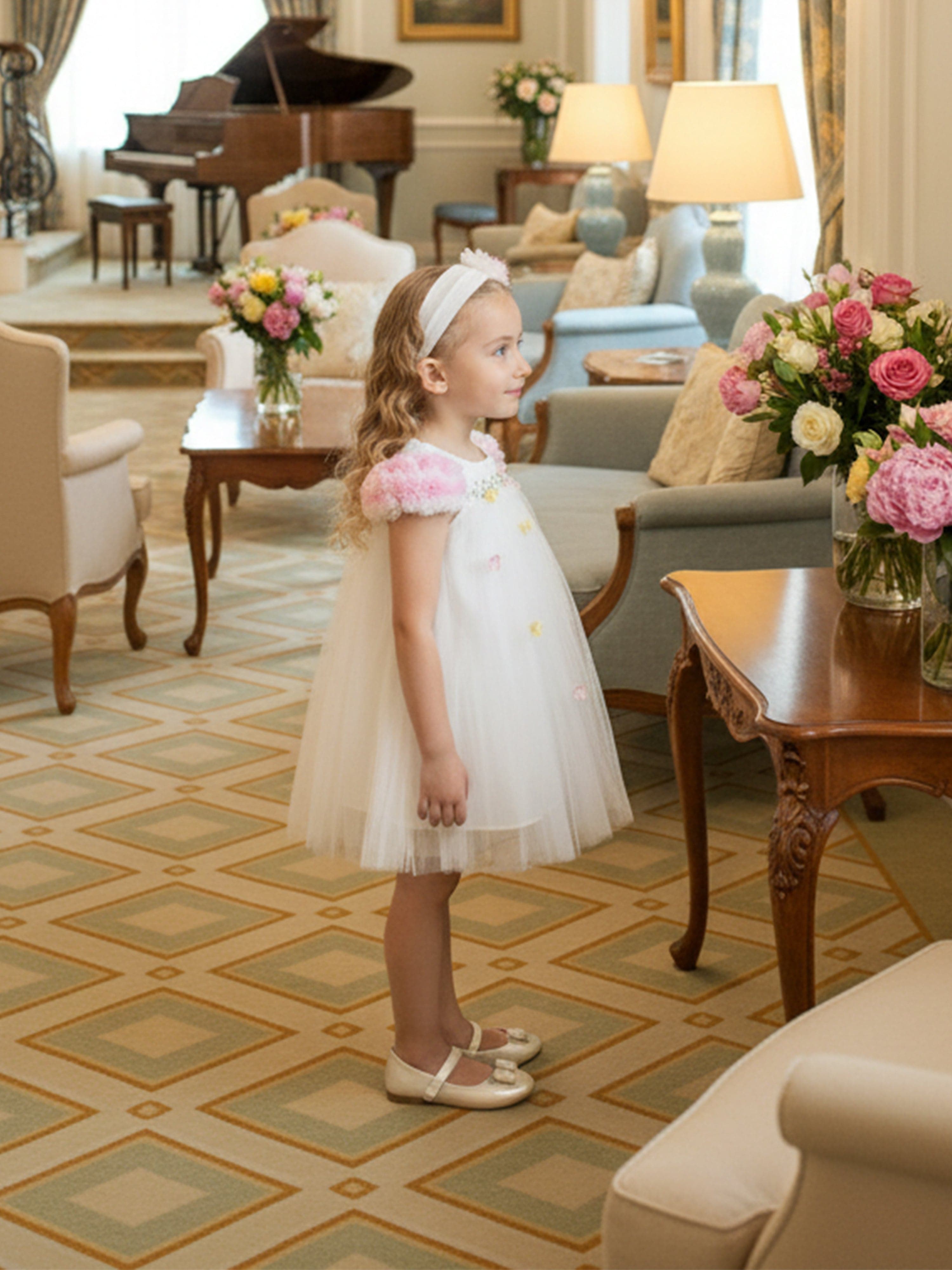 Dress & Fleur Baby Girls Ivory Lace Occasion Dress with Headband