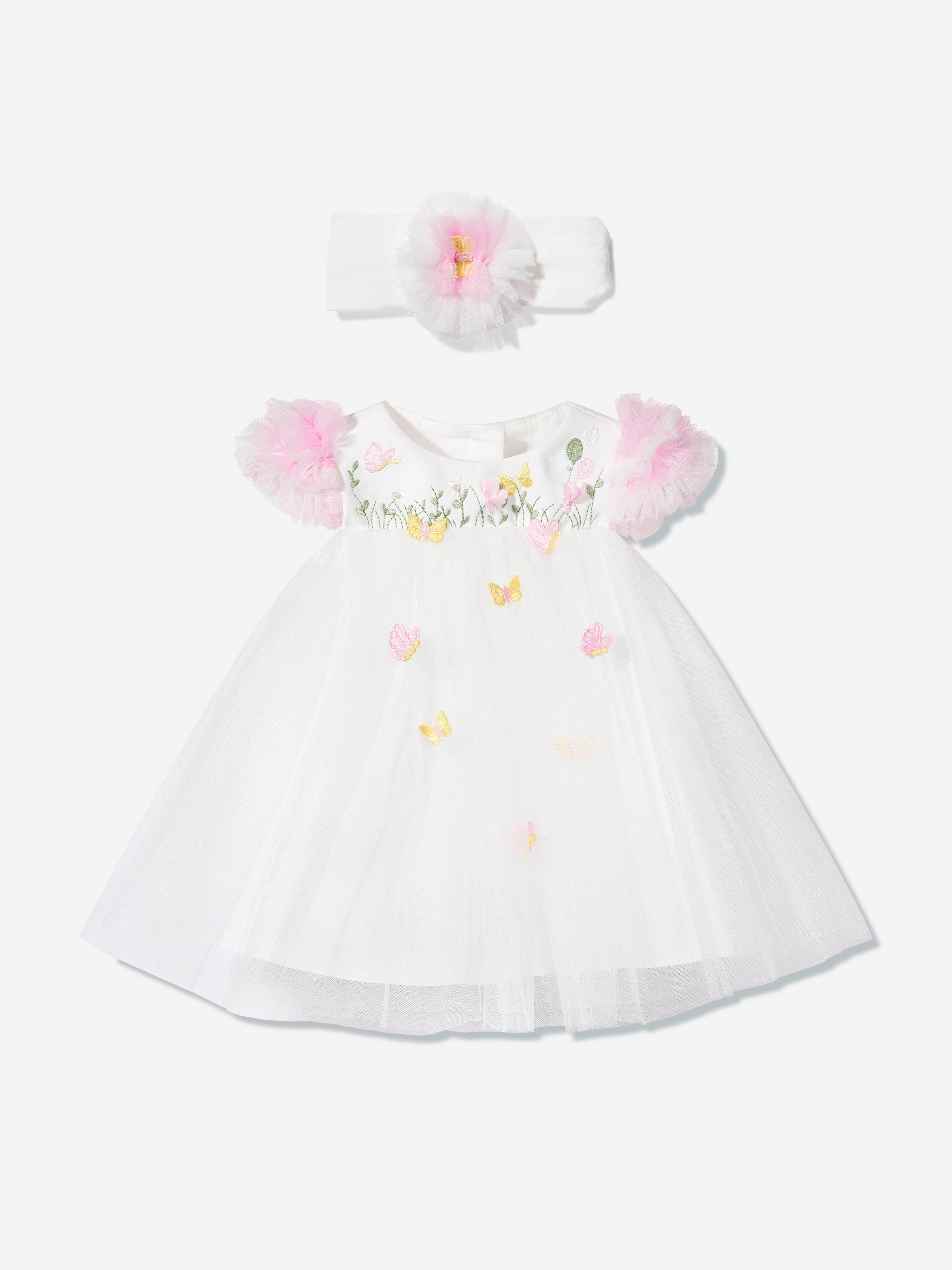 Dress & Fleur Baby Girls Ivory Lace Occasion Dress with Headband