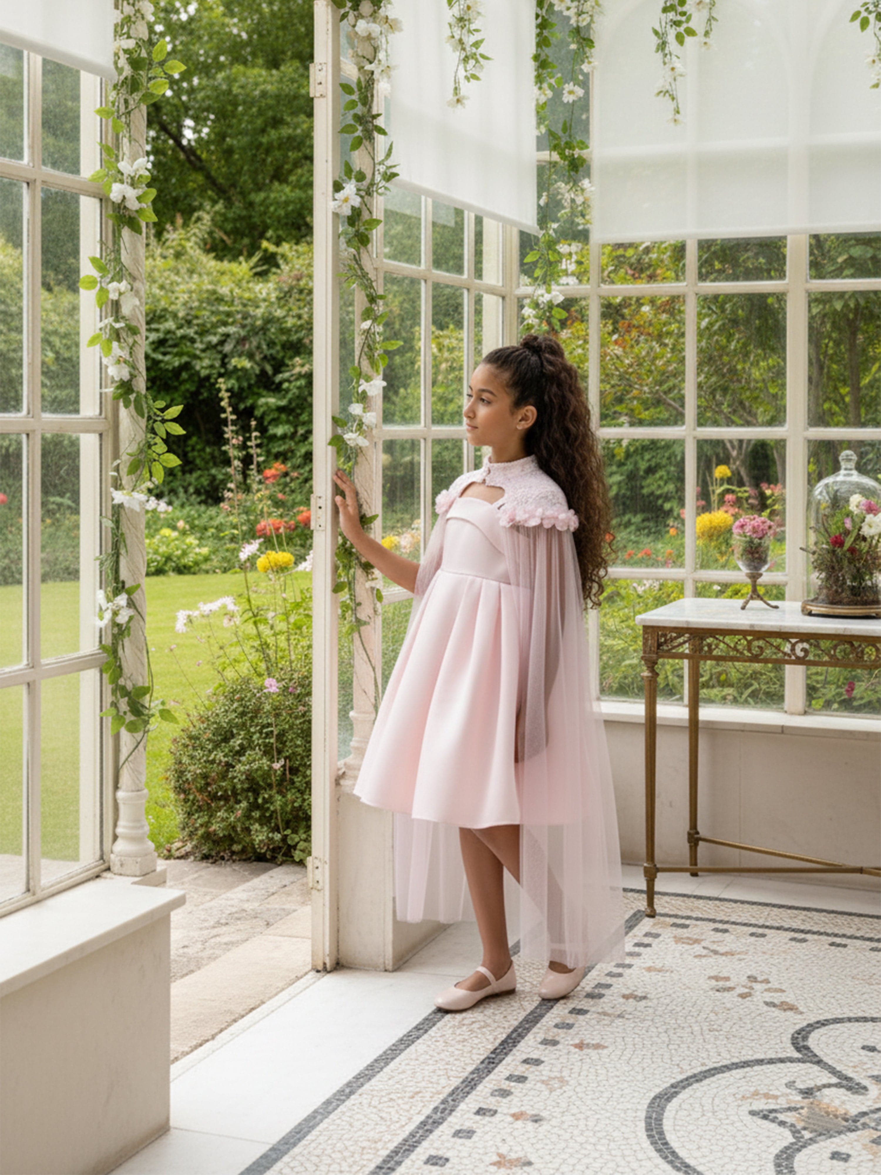 DRESS & Fleur Girls Pink Floral Occasion Dress and Detachable Cape Set