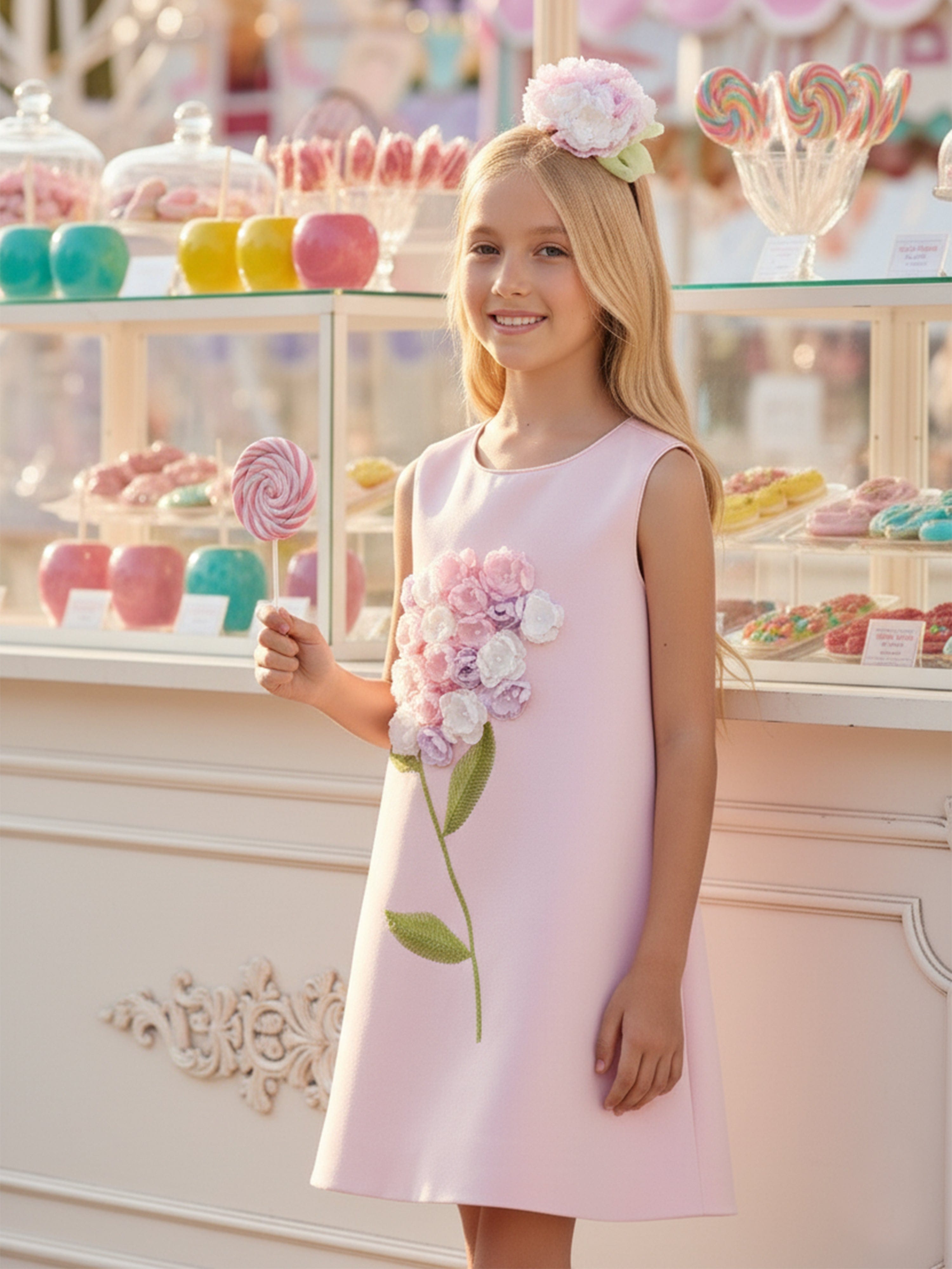 DRESS & Fleur Girls Pink Floral Appliqué Occasion Dress with Headband