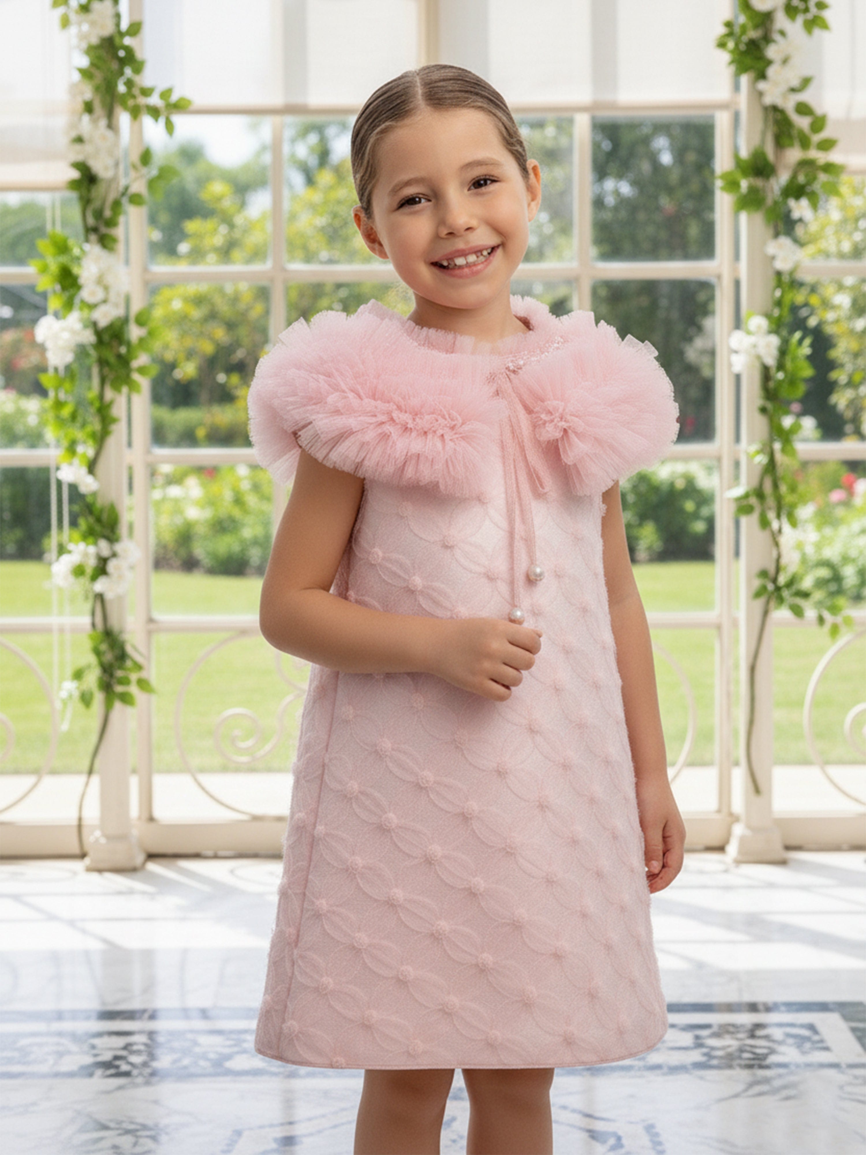 DRESS & Fleur Girls Pink Occasion Dress and Cape Set | Ruffled A-Line