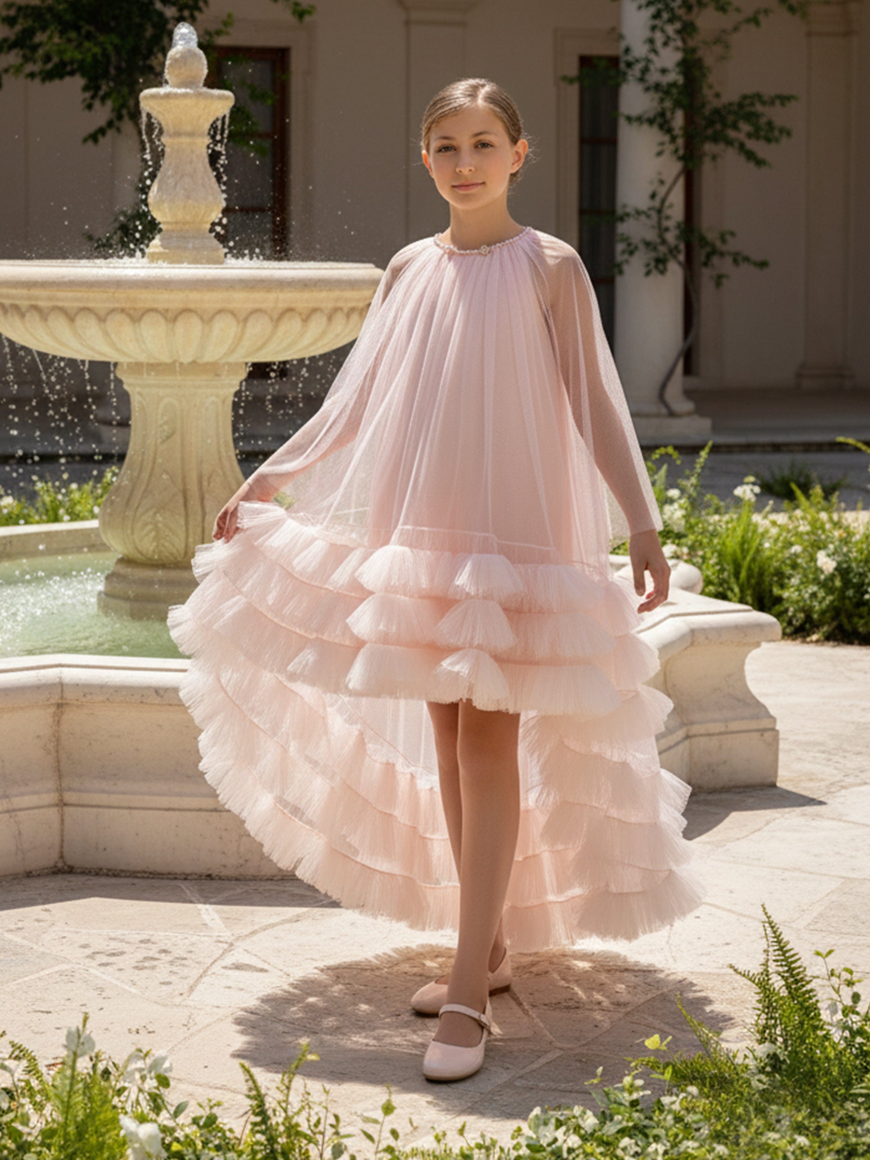 DRESS & Fleur Girls Pink Tulle Occasion Dress and Cape Set