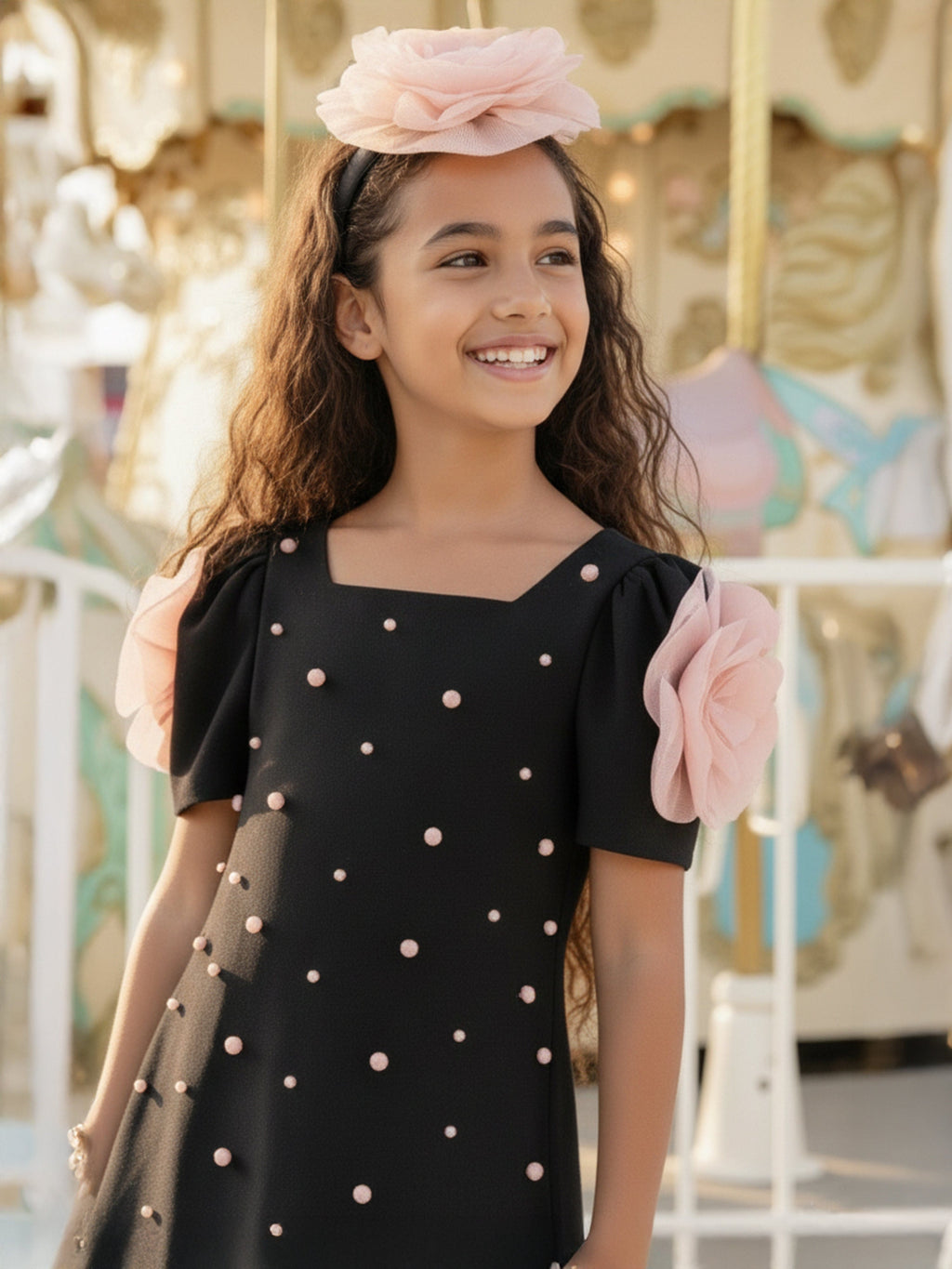 DRESS & Fleur Girls Black Rose-Appliqué Flower Occasion Dress