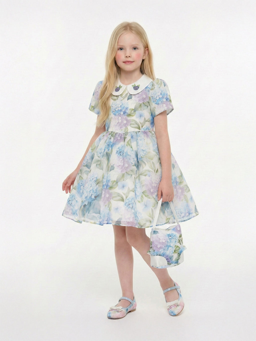 DRESS & Fleur Girls Blue Floral Occasion Dress with Matching Bag