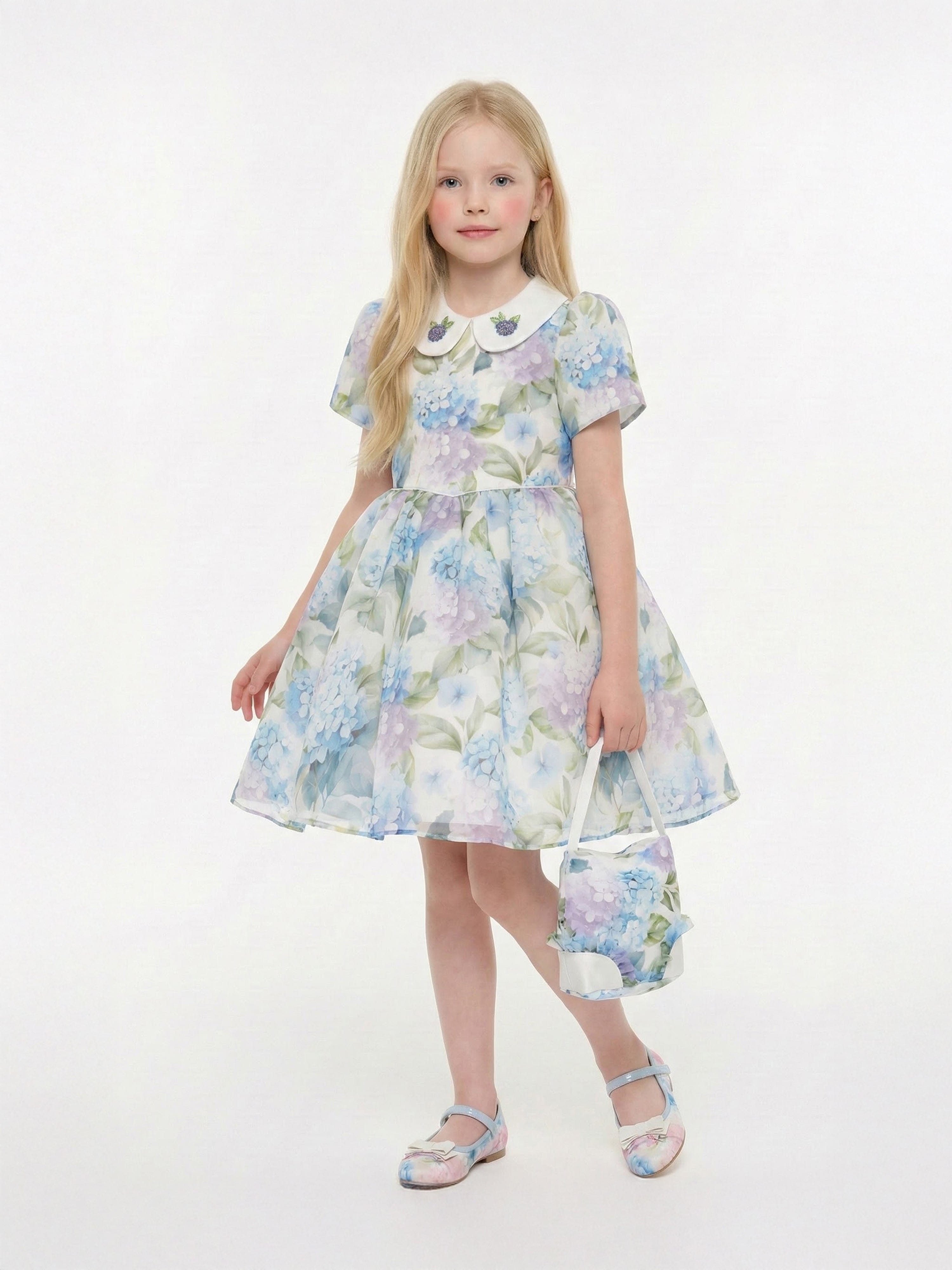 DRESS & Fleur Girls Blue Floral Occasion Dress with Matching Bag