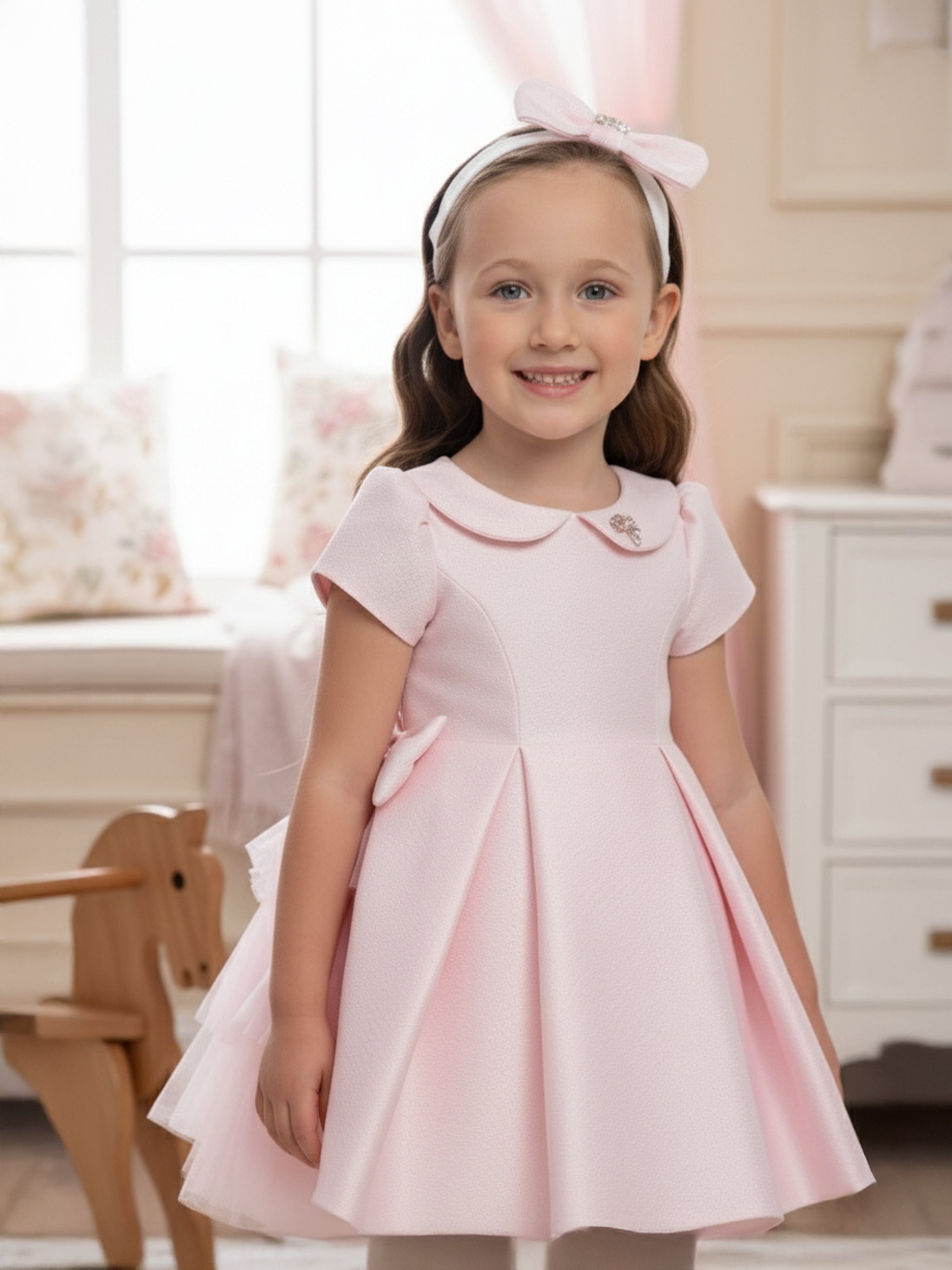 DRESS & Fleur Baby Girls Pink Jacquard Occasion Dress with Headband