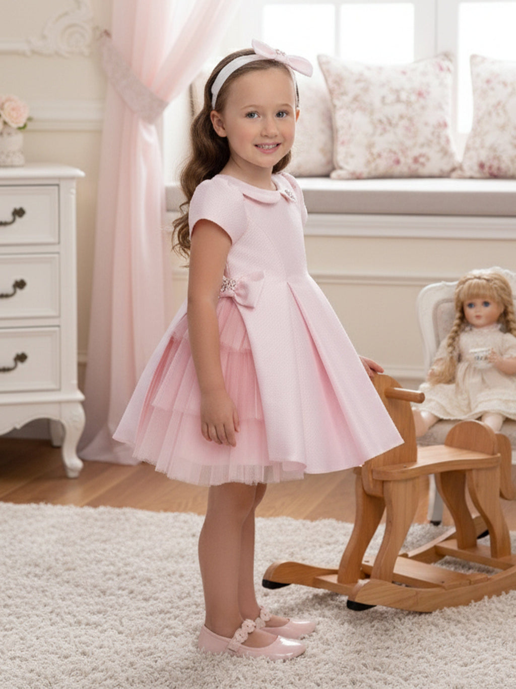 DRESS & Fleur Baby Girls Pink Jacquard Occasion Dress with Headband