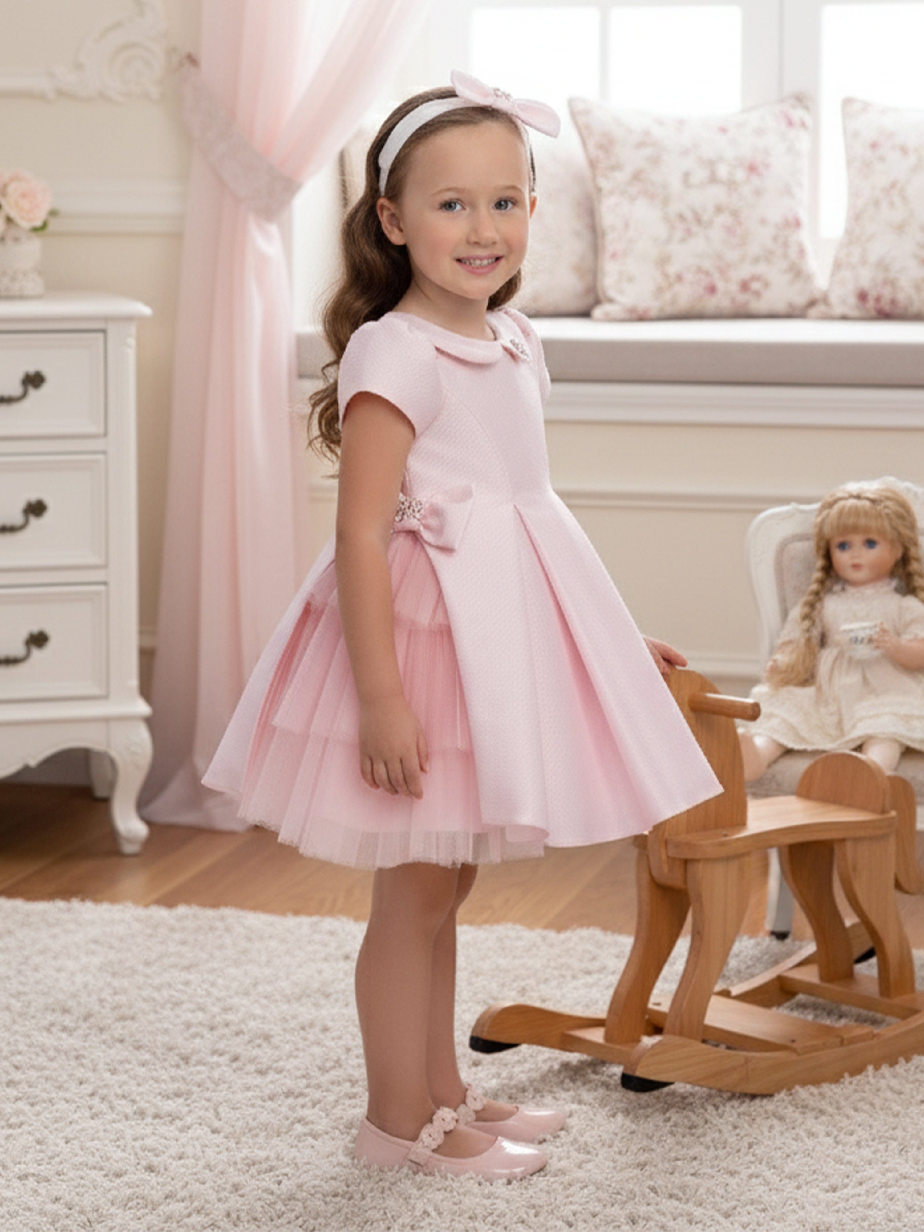 DRESS & Fleur Baby Girls Pink Jacquard Occasion Dress with Headband