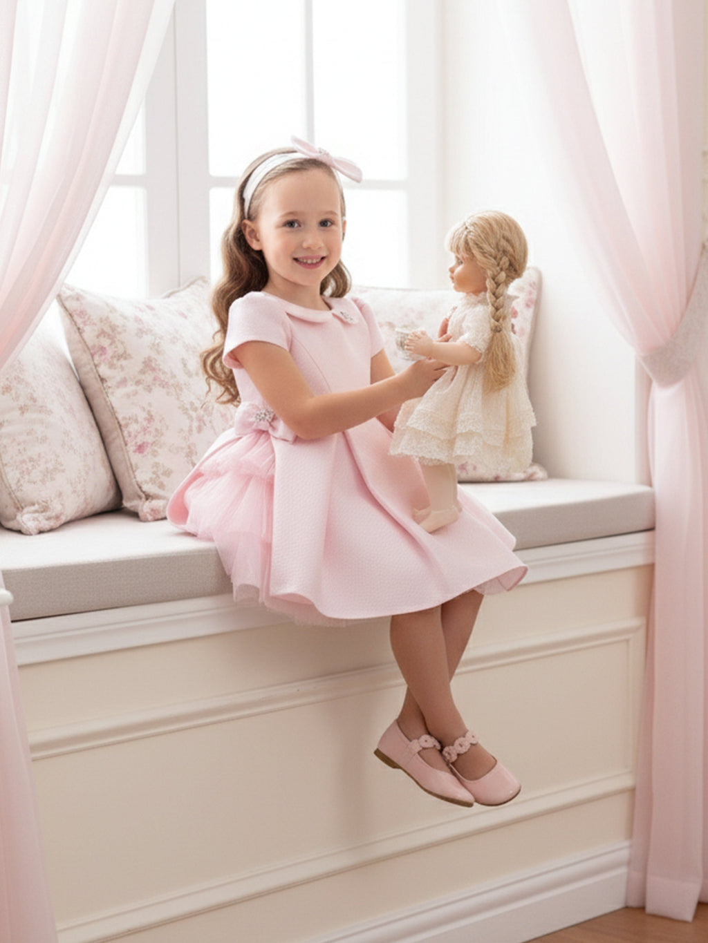 DRESS & Fleur Baby Girls Pink Jacquard Occasion Dress with Headband