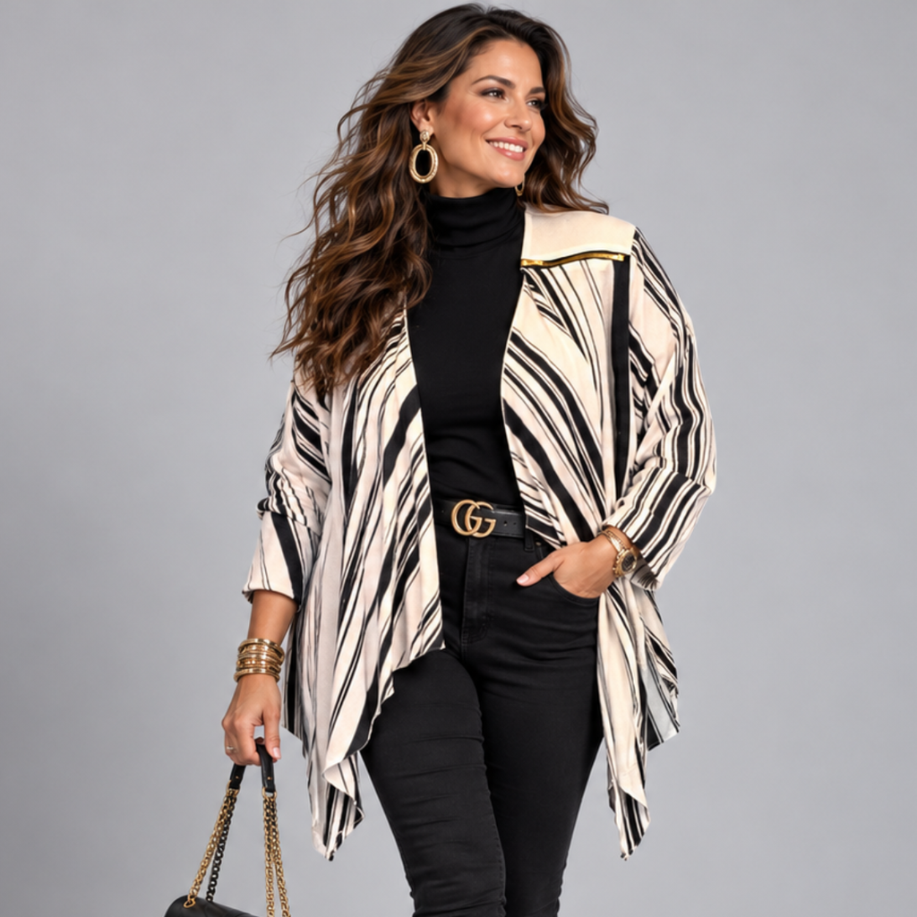 ROCKTHOSECURVES BLACK WHITE STRIPED WATERFALL JACKET WITH FEATURE ZIP SHOULDERS