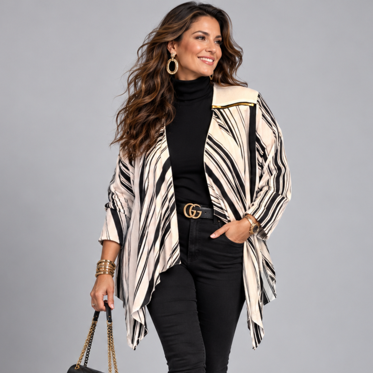 ROCKTHOSECURVES BLACK WHITE STRIPED WATERFALL JACKET WITH FEATURE ZIP SHOULDERS
