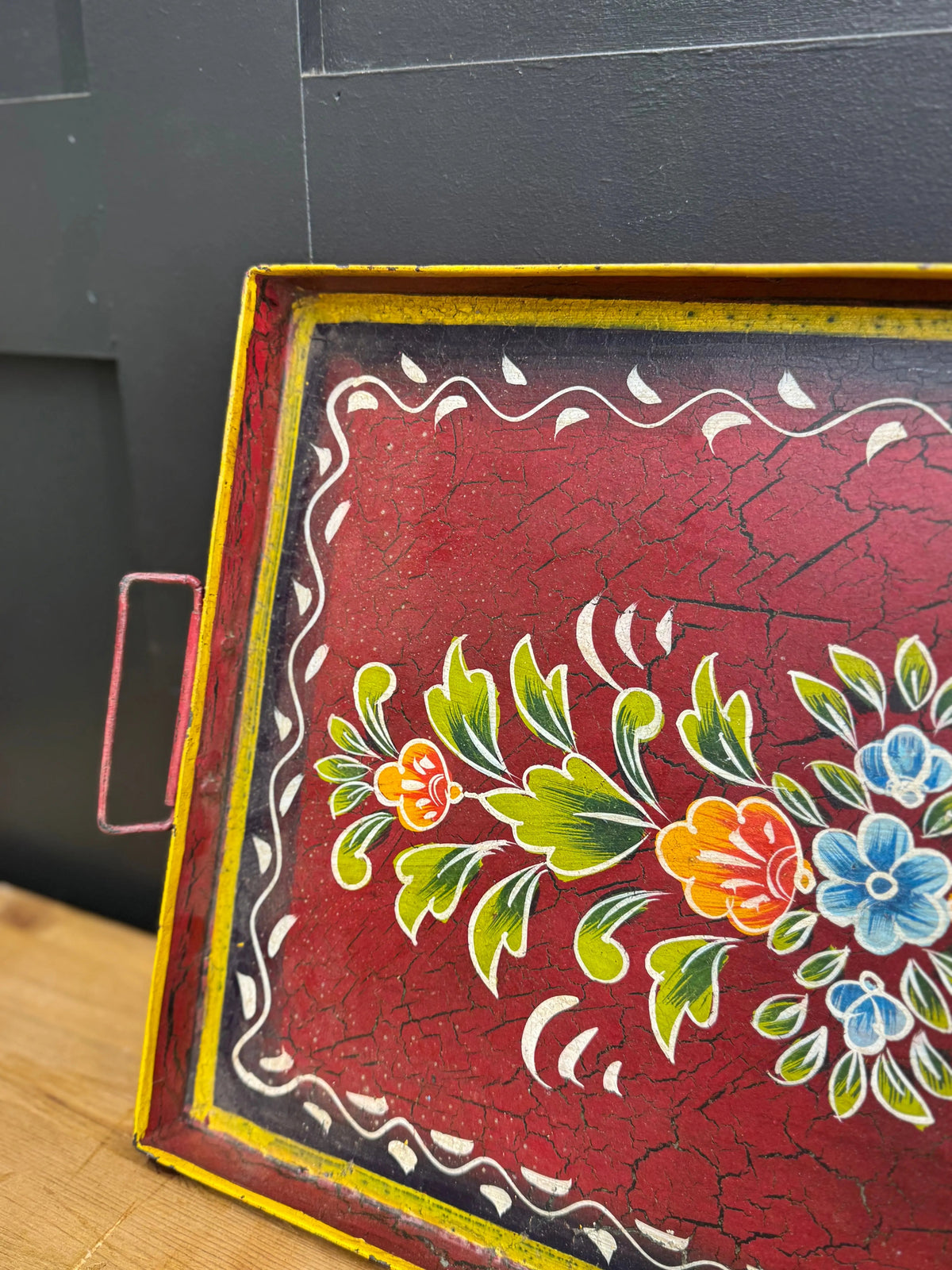 Vintage Red Metal Serving Tray | Hand Painted Indian Platter | Rustic Warehouse