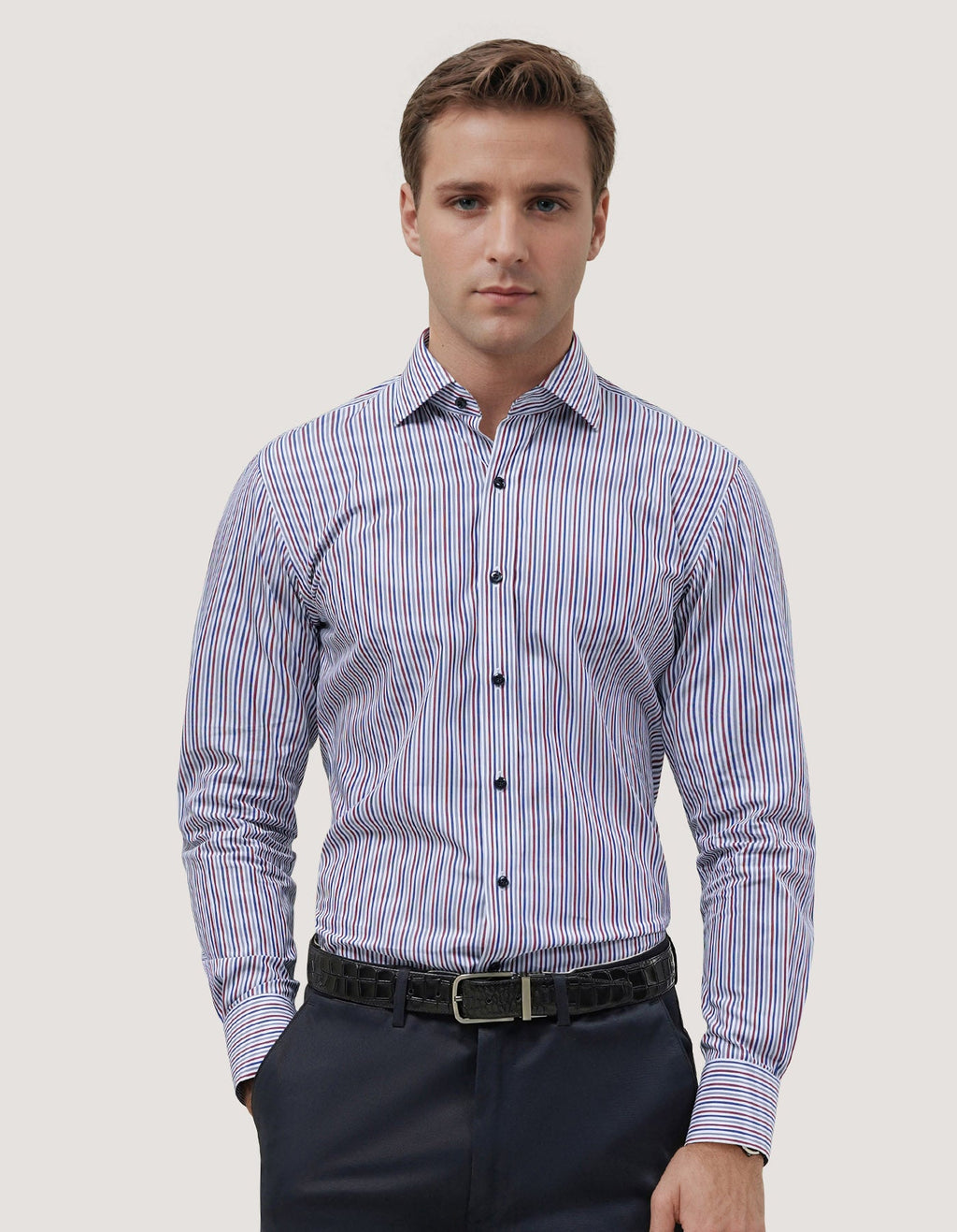 Maroon and White Striped Formal Shirt