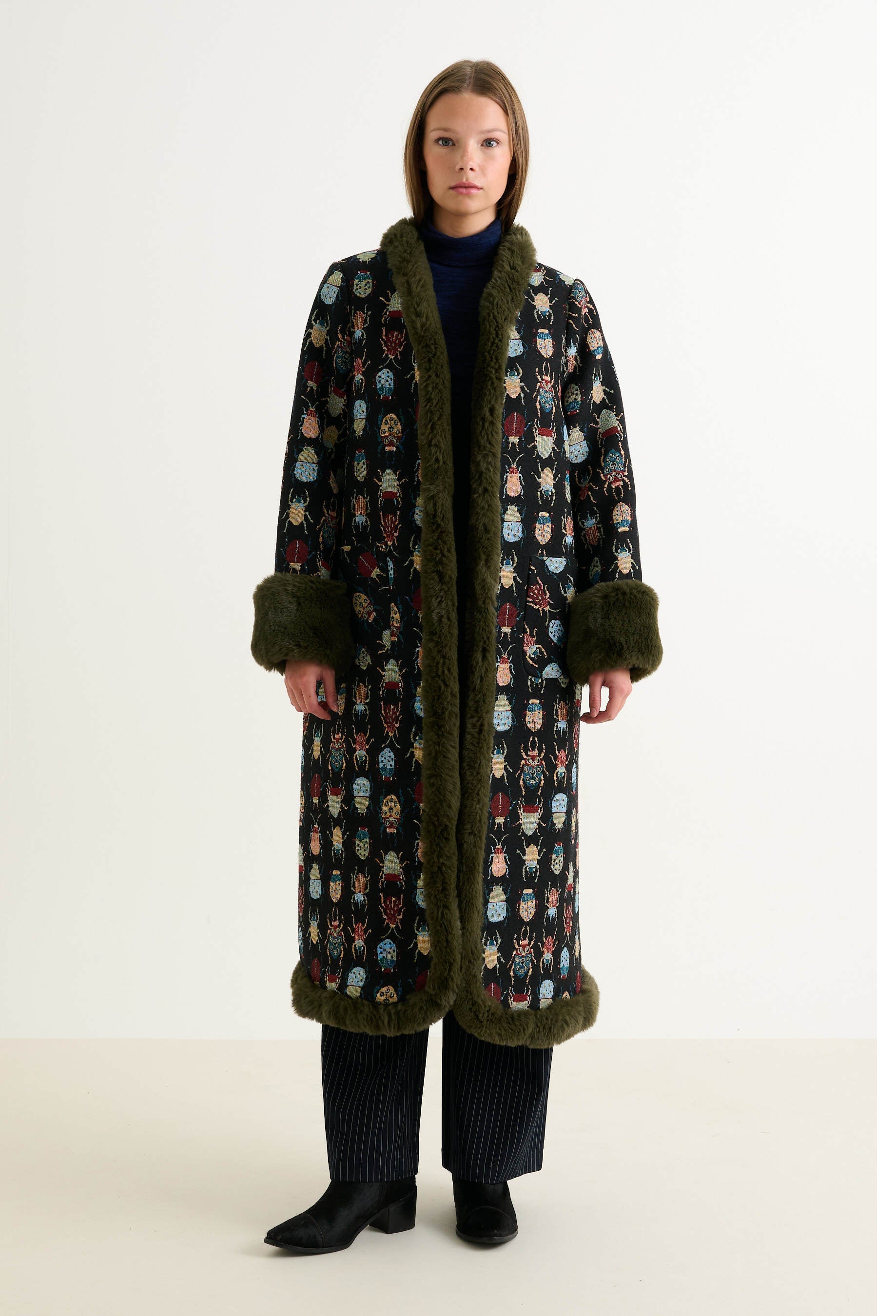 Delphia Beetlejuice Jacquard Fur Trim Coat – Multicoloured
