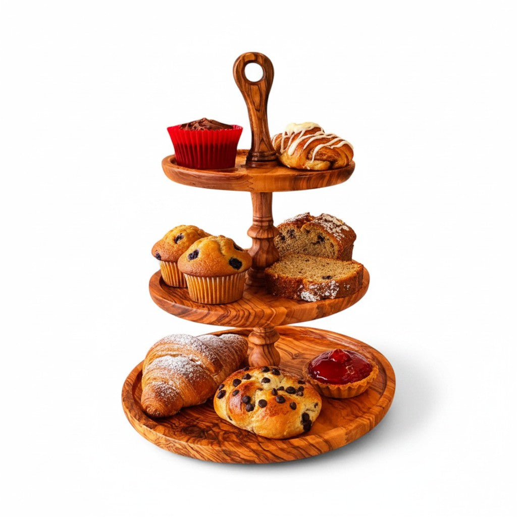 Olive Wood 3 Tiered Serving Tray/Platter Dining Room Centrepiece For Dinner Parties