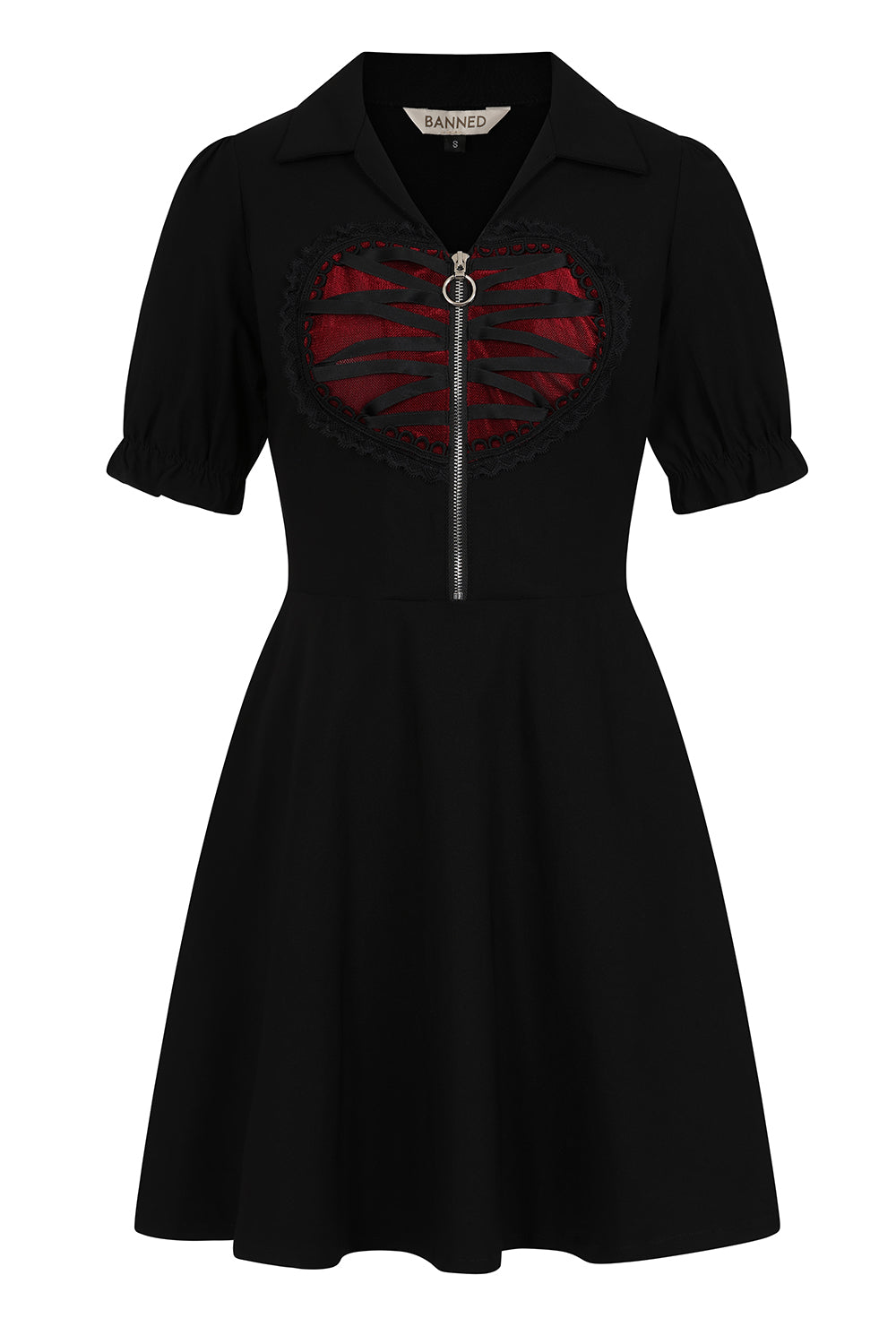 Banned Apparel Elysia Goth Dress – Black A-Line with Red Heart Detail
