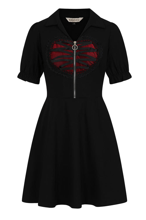 Banned Apparel Elysia Goth Dress – Black A-Line with Red Heart Detail