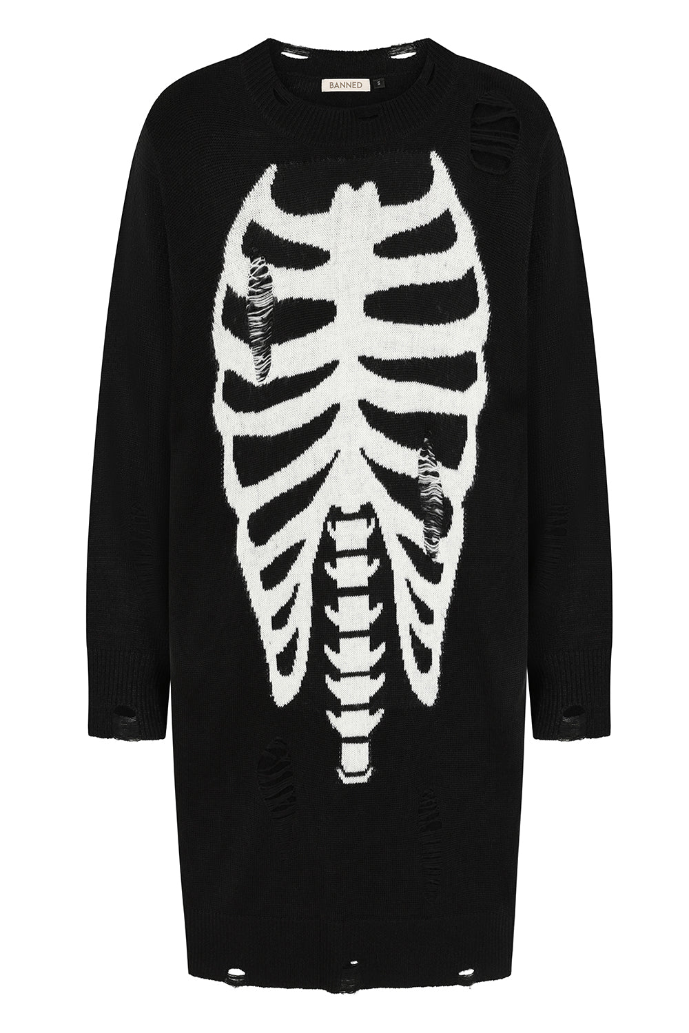 Banned Apparel Melinoe Knit Dress – Black Goth Skeleton Ribcage Print