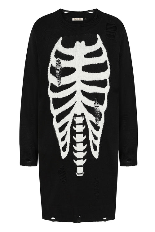 Banned Apparel Melinoe Knit Dress – Black Goth Skeleton Ribcage Print