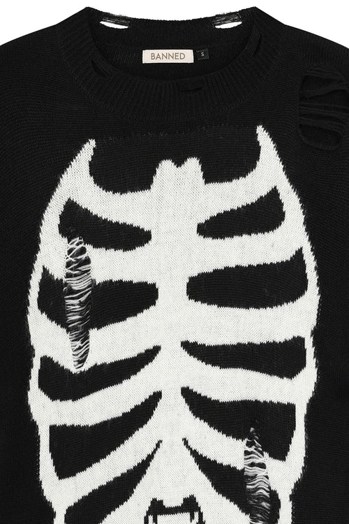 Banned Apparel Melinoe Knit Dress – Black Goth Skeleton Ribcage Print