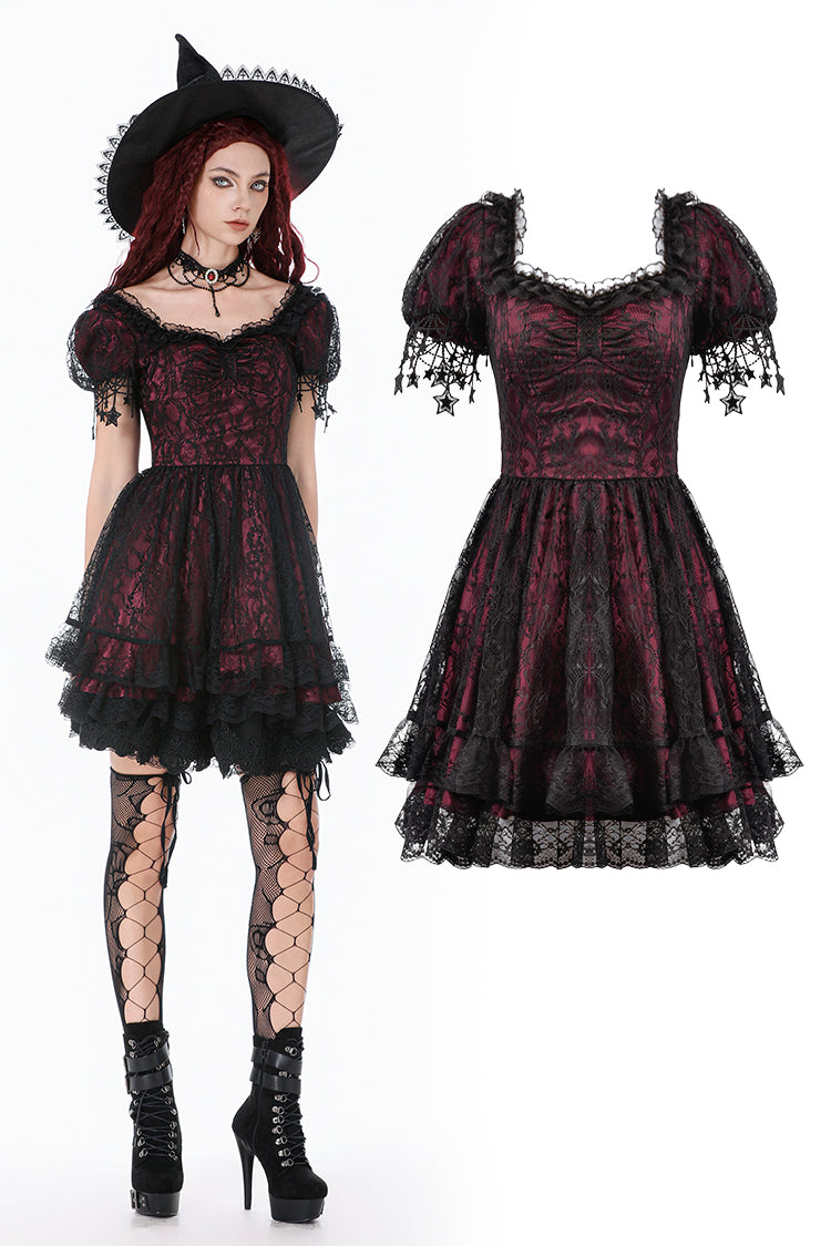 Dark in Love Red Black Lace Princess Dress with Star Charms