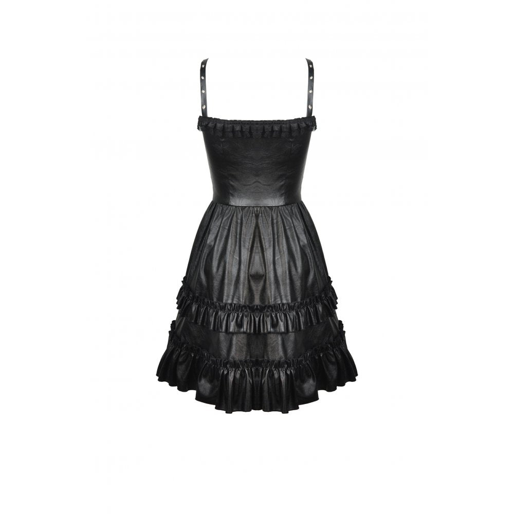 Dark In Love Ariella Black Faux Leather Gothic Mini Dress with Ruffles