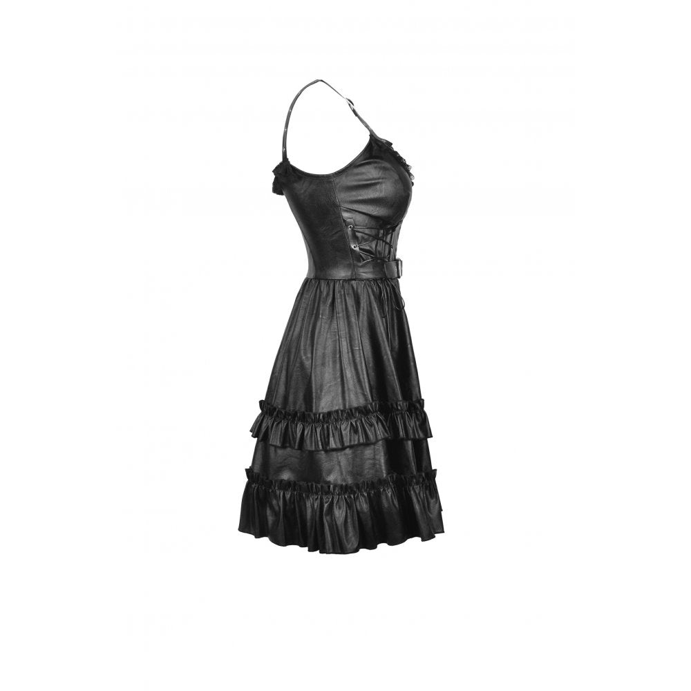 Dark In Love Ariella Black Faux Leather Gothic Mini Dress with Ruffles