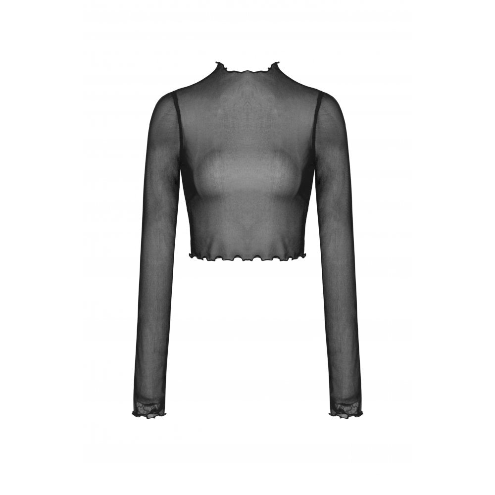 Dark In Love Barbarella Black Mesh Top – Gothic High Neck Long Sleeve