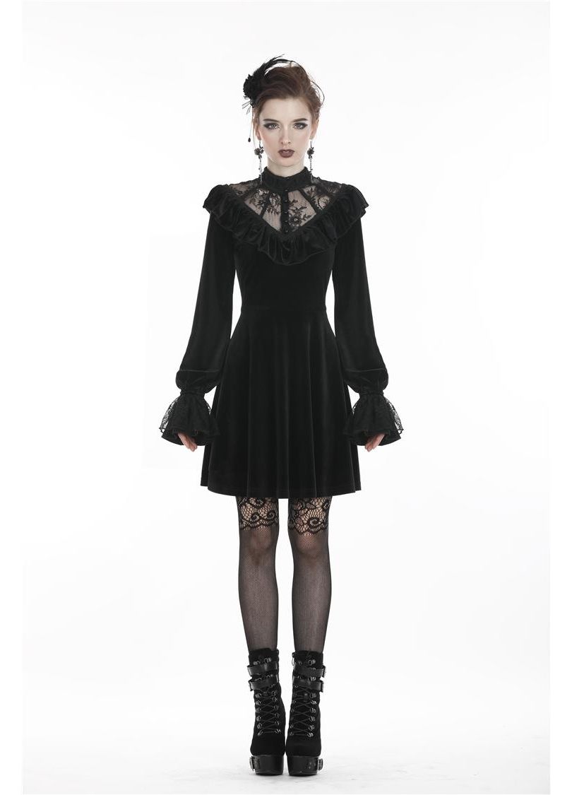 Dark In Love Avina Black Velvet Gothic Dress with Lace Neckline