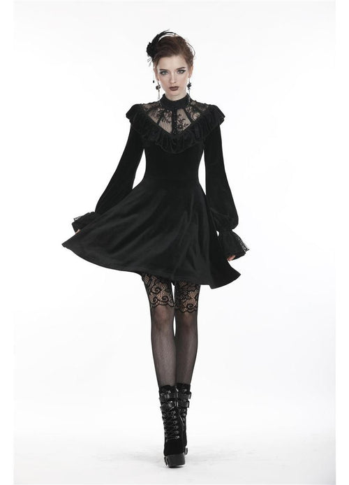 Dark In Love Avina Black Velvet Gothic Dress with Lace Neckline