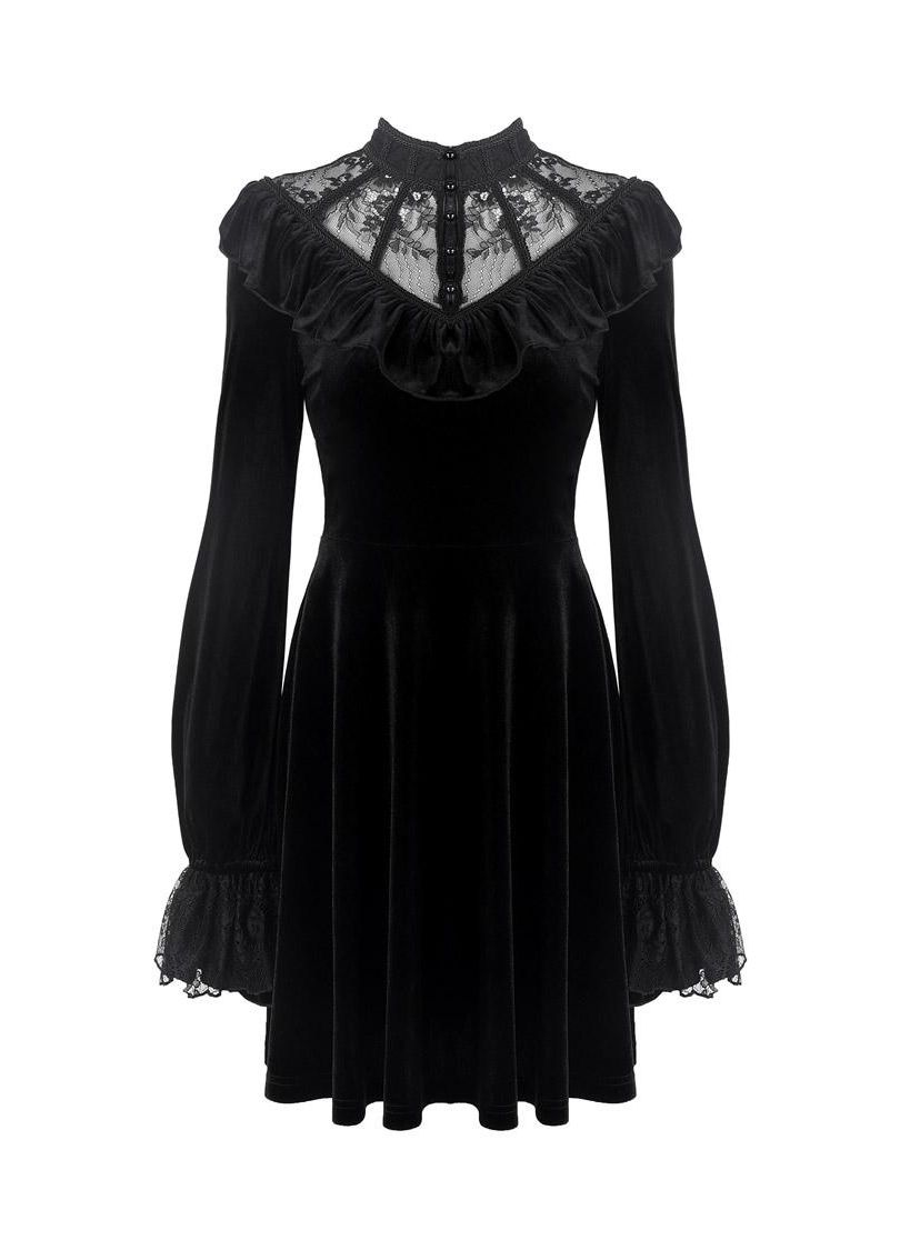 Dark In Love Avina Black Velvet Gothic Dress with Lace Neckline