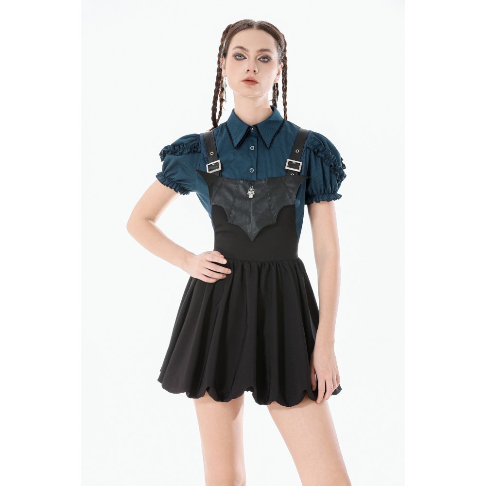 Dark in Love Gothic Academy Striped Puff-Sleeve Blouse - Blue/Black
