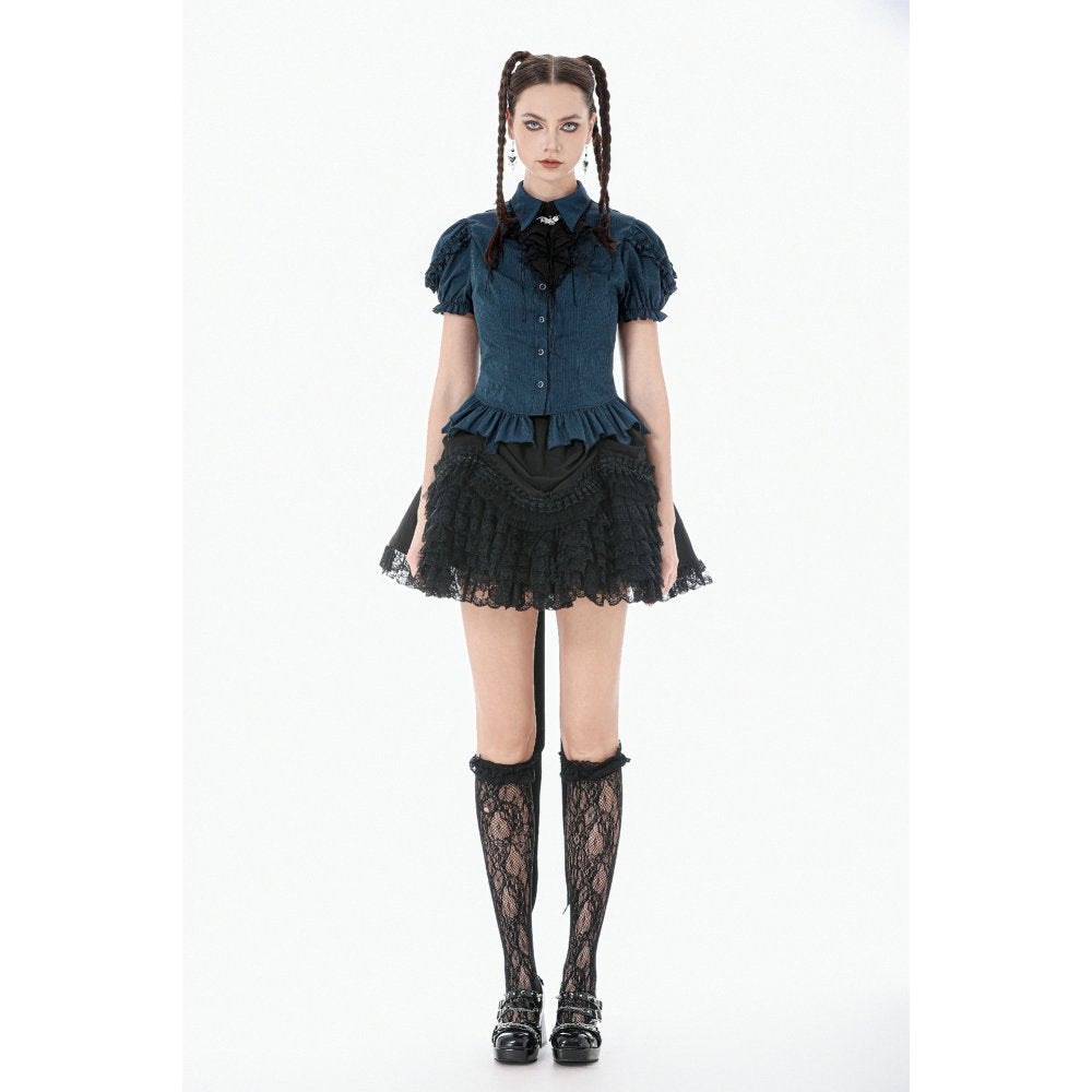 Dark in Love Gothic Academy Striped Puff-Sleeve Blouse - Blue/Black