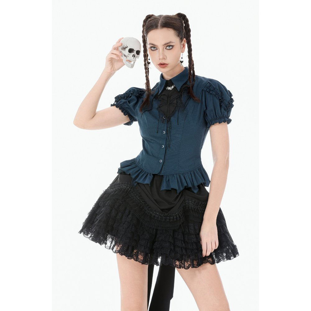 Dark in Love Gothic Academy Striped Puff-Sleeve Blouse - Blue/Black