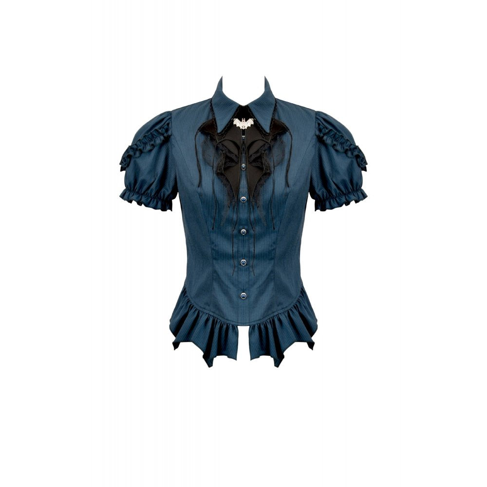 Dark in Love Gothic Academy Striped Puff-Sleeve Blouse - Blue/Black
