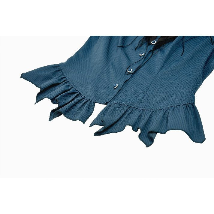 Dark in Love Gothic Academy Striped Puff-Sleeve Blouse - Blue/Black