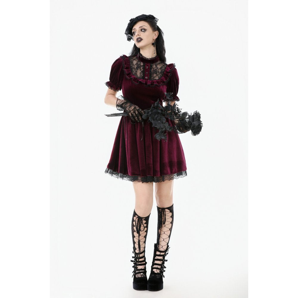 Dark in Love Ophelia Burgundy Velvet Goth Dress with Lace Collar