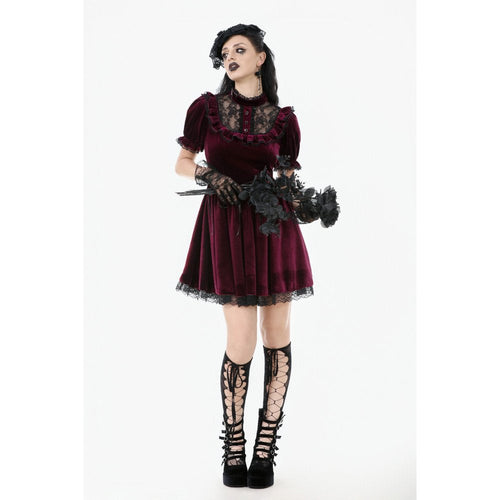Dark in Love Ophelia Burgundy Velvet Goth Dress with Lace Collar