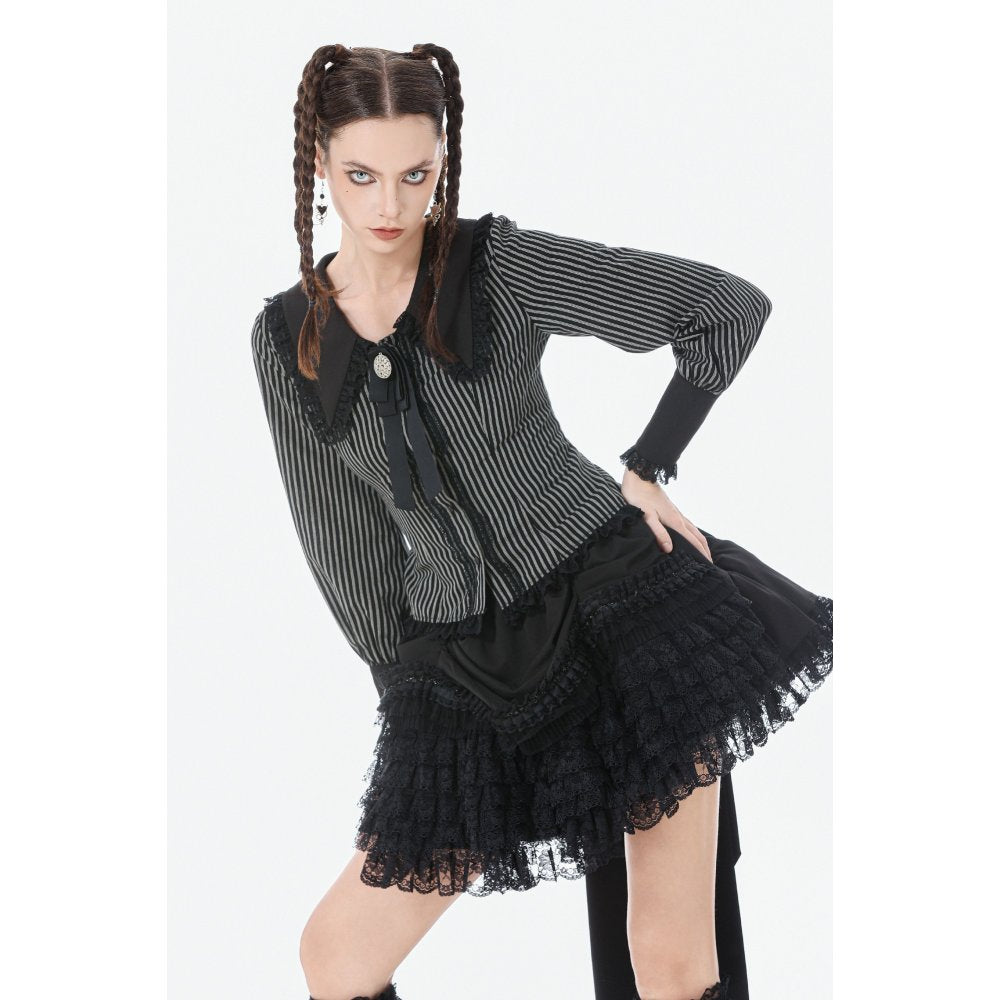 Dark in Love Gothic Peter Pan Collar Lace Shirt | Striped Cotton Top