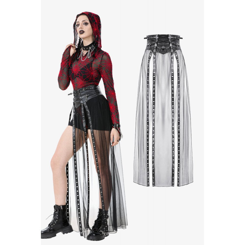 Dark in Love Gothic Sheer Mesh Maxi Skirt with PU Corset Belt - Black