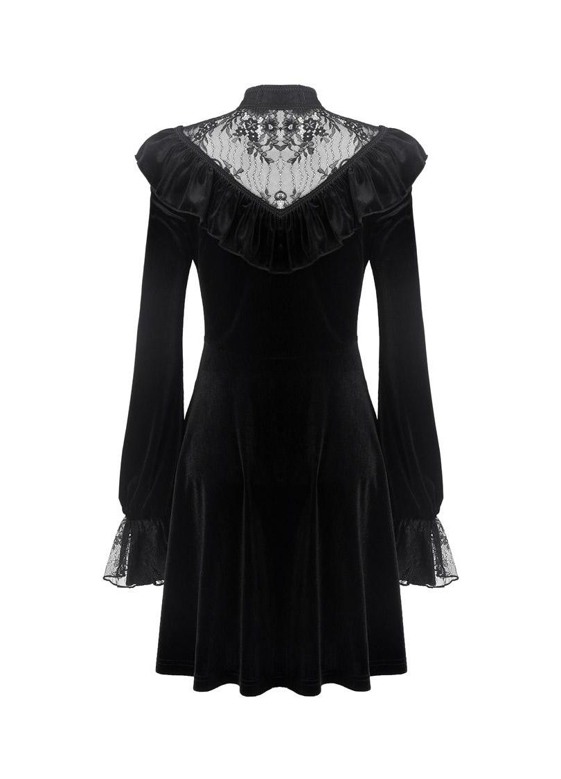 Dark In Love Avina Black Velvet Gothic Dress with Lace Neckline