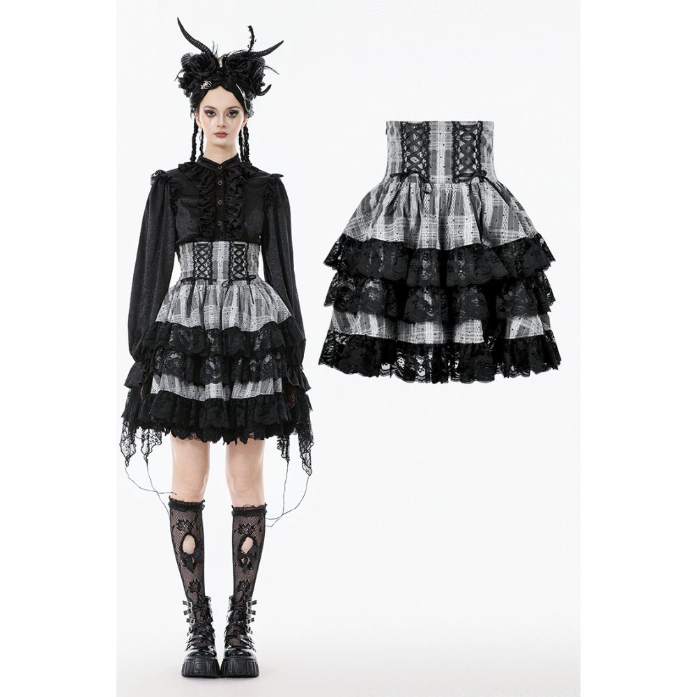 Dark in Love Hexa Layered Tartan Mini Skirt – Gothic Black Lace Punk