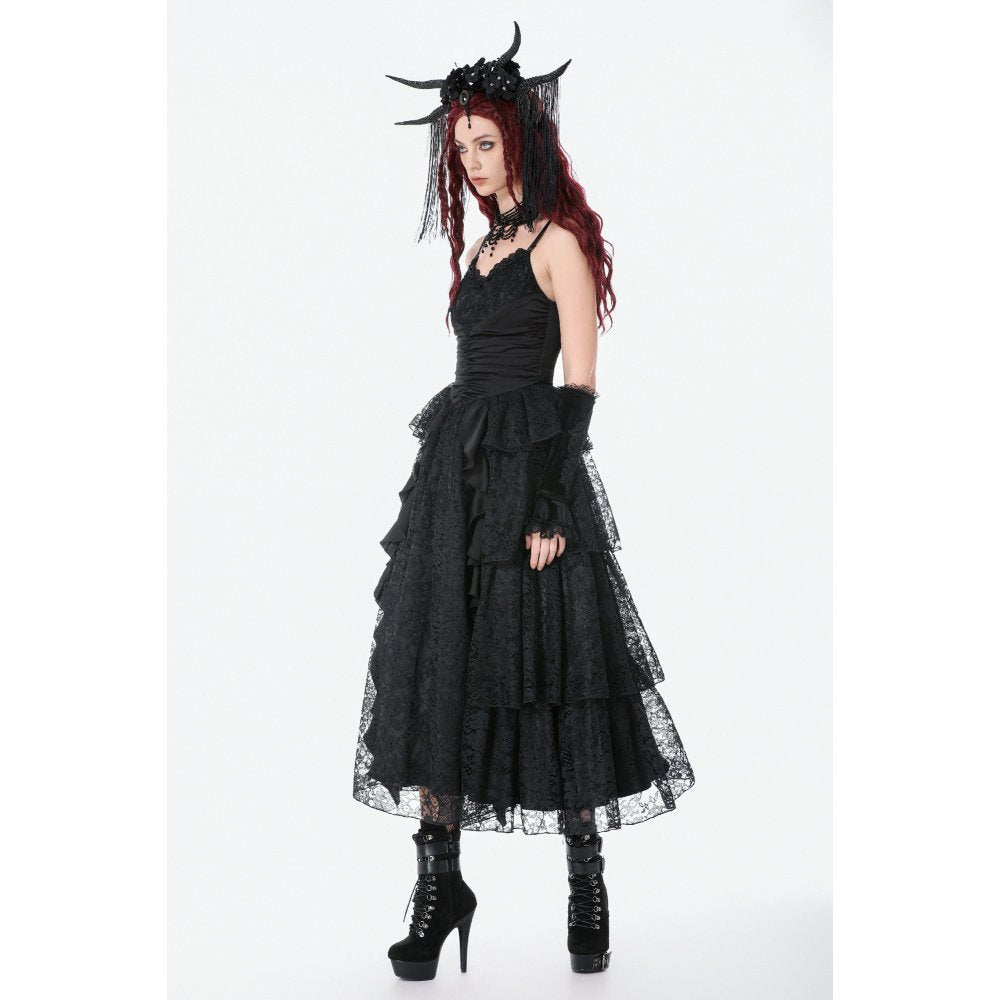 Dark in Love Black Gothic Satin and Lace Tiered Corset Dress