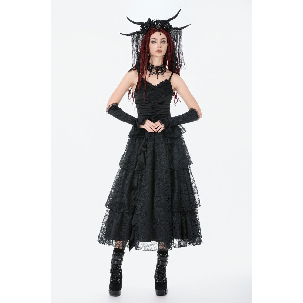 Dark in Love Black Gothic Satin and Lace Tiered Corset Dress