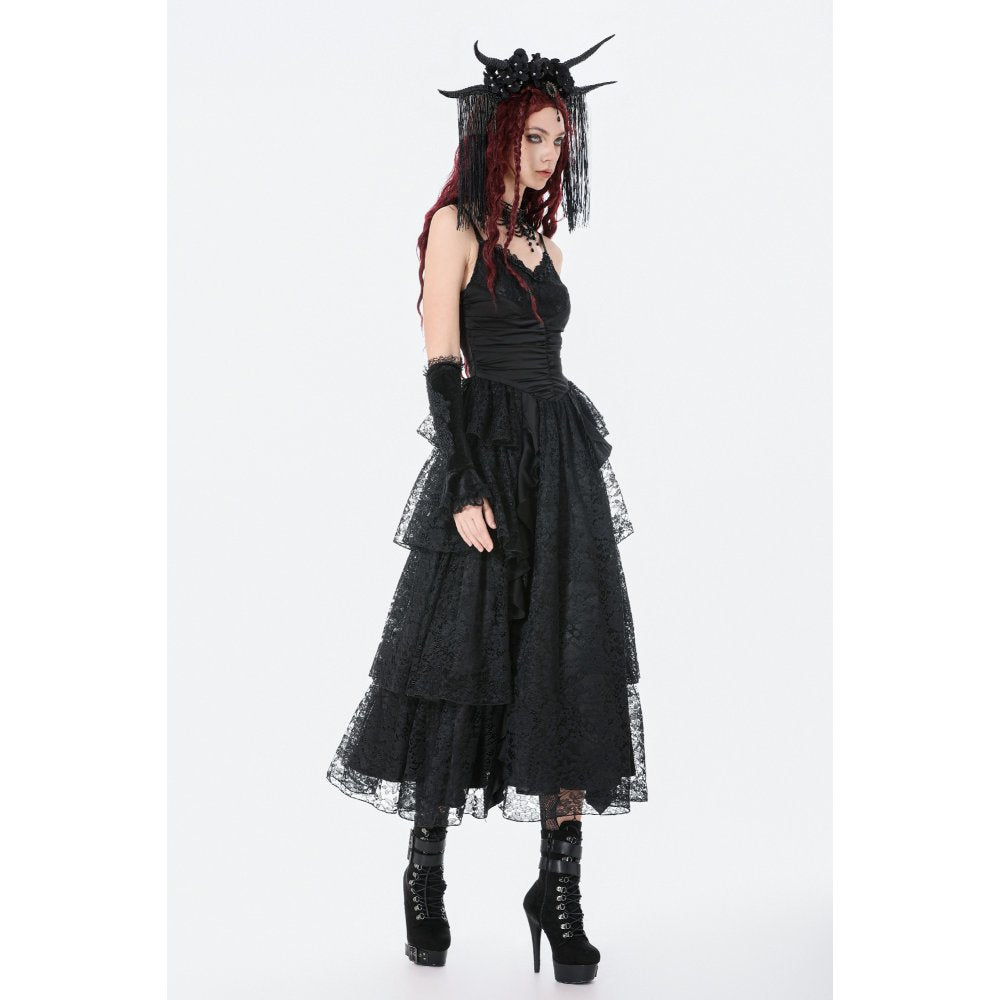 Dark in Love Black Gothic Satin and Lace Tiered Corset Dress