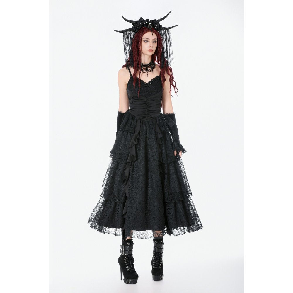 Dark in Love Black Gothic Satin and Lace Tiered Corset Dress