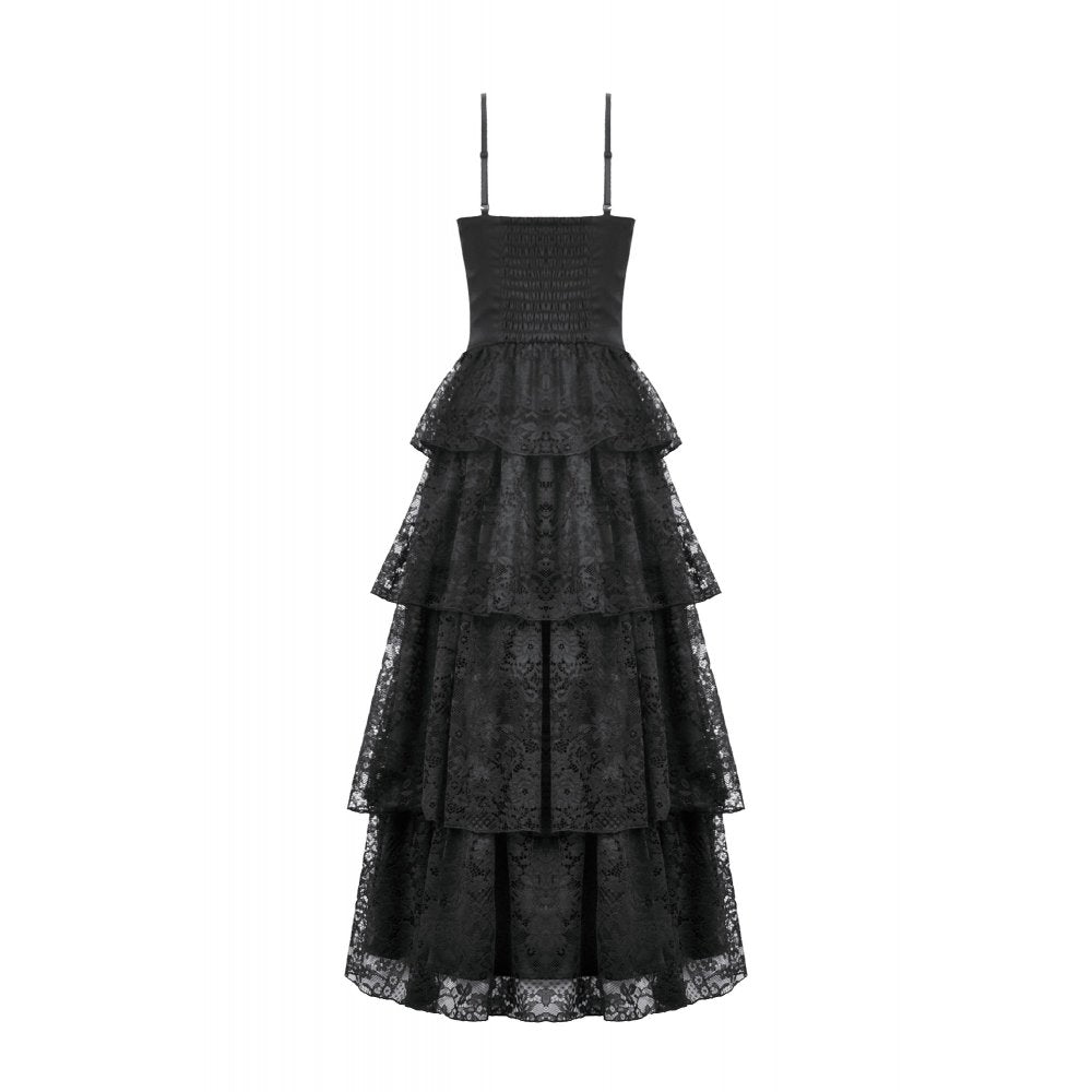 Dark in Love Black Gothic Satin and Lace Tiered Corset Dress