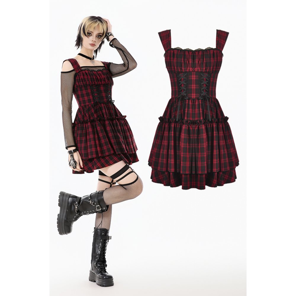 Dark in Love Morrigan Red Tartan Lace-Up Gothic Mini Dress