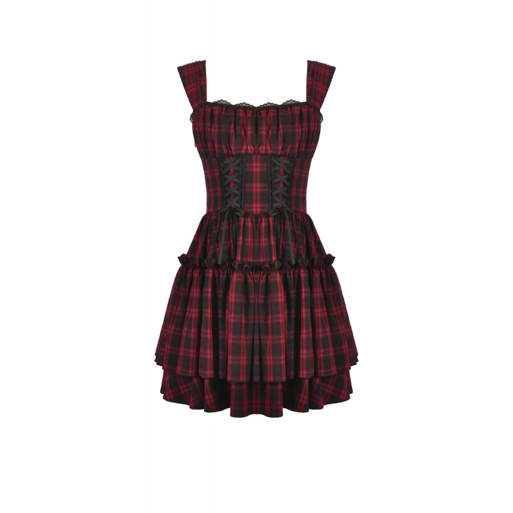 Dark in Love Morrigan Red Tartan Lace-Up Gothic Mini Dress