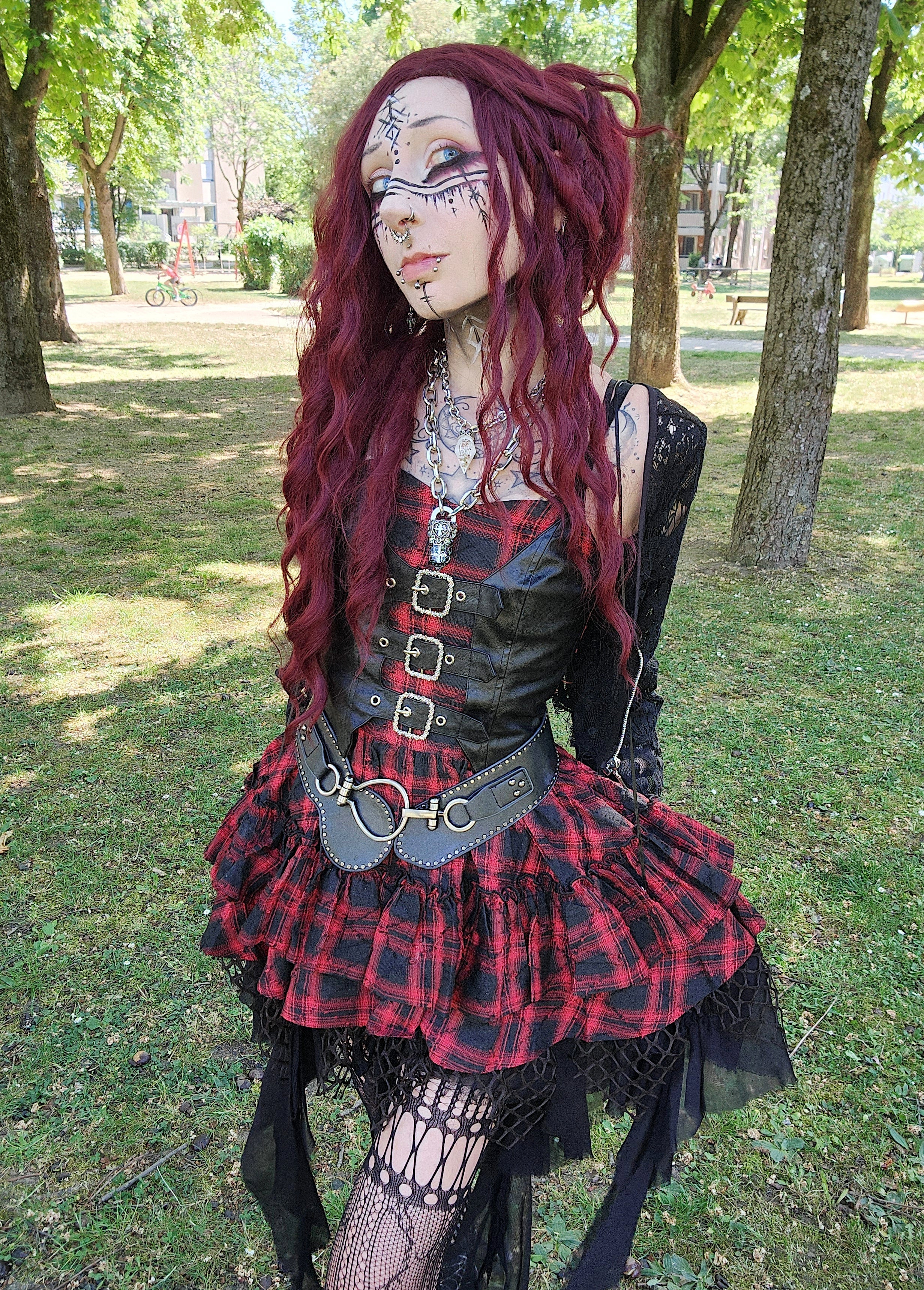 Dark in Love Red Plaid & Faux Leather Layered Punk Sweetcore Dress